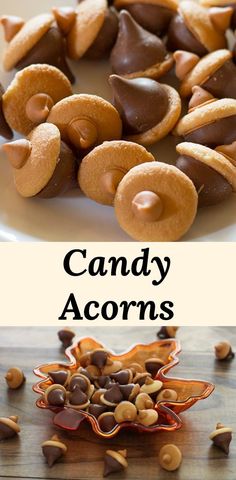 some cookies and nuts on a plate with the words candy acorns above them