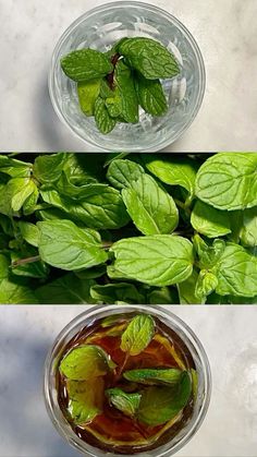 three different shots with mint leaves in them