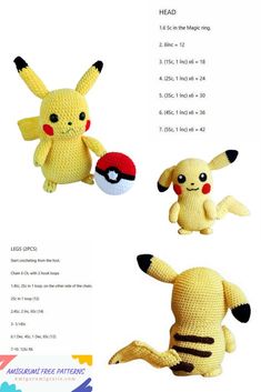 crocheted pokemon stuffed animals are shown in three different styles and sizes, including the pikachu