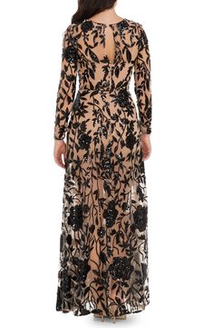 Sparkle from head to toe in this gorgeous floral mesh gown richly embroidered with shimmery sequins for an ultraglam look. 59" length Hidden back zip; keyhole with button-and-loop closure Jewel neck Long sleeves Partially lined 100% polyester Hand wash, dry flat Imported Mesh Gown, Maxi Lace Skirt, Sleeve Gown, Long Sleeve Gown, Dress The Population, Evening Gowns Formal, Complete Outfits, Jewel Neck, Mesh Dress