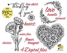 some flowers and words that are in the shape of a heart on a white background