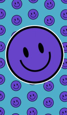 a purple smiley face surrounded by blue and black circles on a blue background with white dots