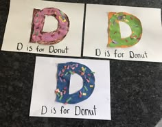 three different types of doughnuts on paper with the letters d and d for donuts