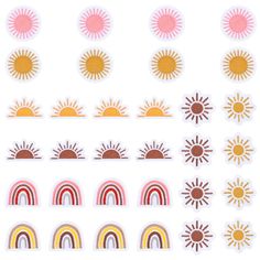 the sun and rainbows stickers are shown in different colors, shapes and sizes