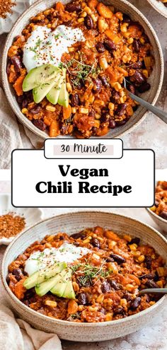 vegan chili recipe with beans and avocado in a bowl