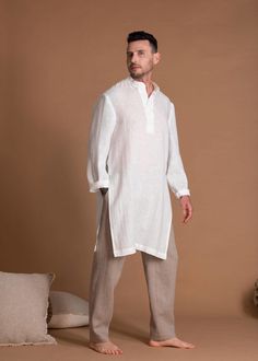 Regular Fit Long Sleeves White Linen Top Tunic For Men Mens Linen Outfits, Palette Color, Mens Linen, Linen Tunic, Kimono Cardigan