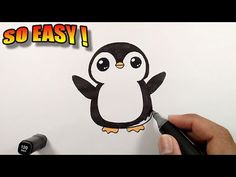 someone is drawing a penguin on paper with marker and inking it says, so easy