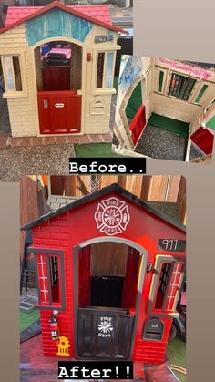 the before and after photos of a firehouse play house with its door open to reveal it's new owner