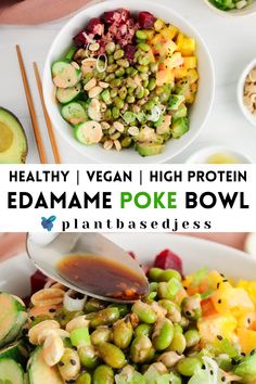 View on a vegan edamame poke bowl. Edamame Poke Bowl, Rice And Edamame Bowl, Edamame Buddha Bowl, Vegan Poke Bowl Sauce, Edamame Rice Bowl, Edamame Bowl Recipe, Vegan Poke Bowl Recipe, Vegan Edamame Recipes, Rice Edamame Bowl