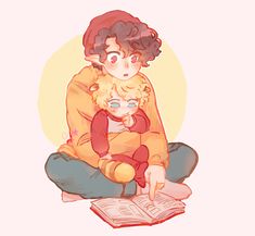 a woman sitting on the floor holding a child and looking at an open book in front of her