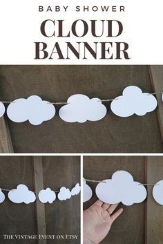 Cloud Banner Wall Hanging Adventure Awaits Baby Shower | Etsy  12-foot Paper Cloud Banner will add that extra special touch to your Adventure Awaits Baby Shower Theme! And so The Adventure Begins! This banner comes with Clouds strung together with burlap twine, the spacing is adjustable. Adventure Awaits Gender Reveal, Baby Shower Rain Theme, Adventure Gender Reveal, Cloud Theme Centerpieces, Cloud Themed Baby Shower Ideas, Cloud Baby Shower Theme Boy, Baby Shower Cloud Theme, Cloud Nine Baby Shower Theme, On Cloud 9 Baby Shower Theme