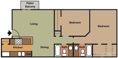 the floor plan for a two bedroom apartment with an attached kitchen and living room area