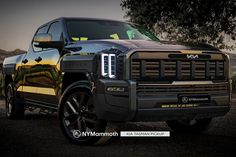 the front end of a black truck parked on top of a dirt field next to a tree