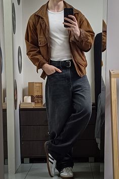 Vintage Black Jeans Outfits Men, Outfits With Brown Corduroy Jacket, Black Jeans Men Aesthetic, Men’s Brown Leather Jacket Outfit, Brown Outfit Inspo Men, Academic Aesthetic Outfit Men, Brown Zip Up Outfit Men, Cordory Jacket Outfits, Men’s Dark Academia Outfits