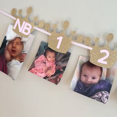 three photos hanging on a clothes line with the number two and baby's first year