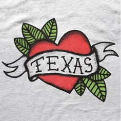 an image of a heart with the word texas on it and some leaves around it