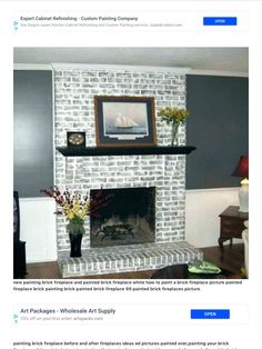 an image of a living room with a fire place in the center and pictures on the wall