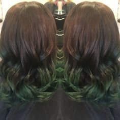 Forest Green Ombre Hair, Dark Brown Hair With Green Tips, Dark Green And Brown Hair, Green Split Dye, Moss Green Hair, Beautiful Shoulders, Hair Color Pictures