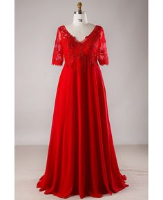 Shop affordable plus size red lace empire waist long chiffon formal dress with lace sleeves online. Custom-made any plus size or color. Pro since 2009. Red Dress With Sleeves, Wedding Dress Empire Waist, Wedding Dress Empire, Plus Size Red Dress, Chiffon Formal Dress, Dress With Lace Sleeves, Empire Waist Wedding Dress, Modest Formal Dresses, Night Gown Dress