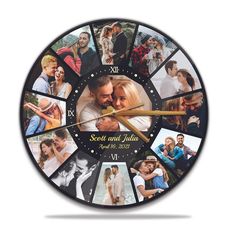 a clock with many pictures on it and the words scott and julia written in gold