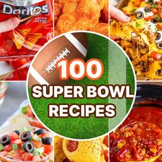 the top 100 super bowl recipes are in this collage with images of different foods