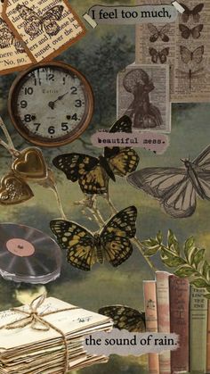 there is a clock, books and butterflies on the wall with words written below it