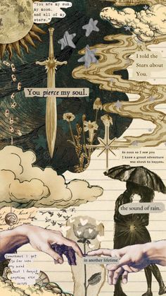 a collage of images with words and pictures on them, including two hands holding an umbrella