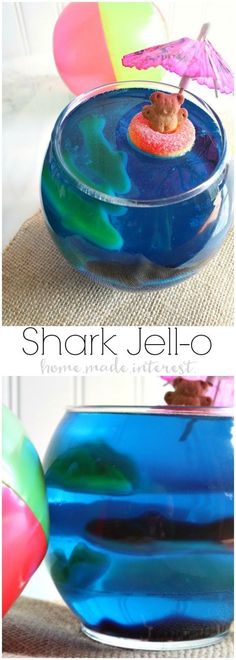 there is a blue bowl with food in it and the words shark jello on top