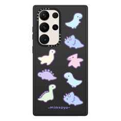 a phone case that has different colored dinosaurs on the front and back of it, with black