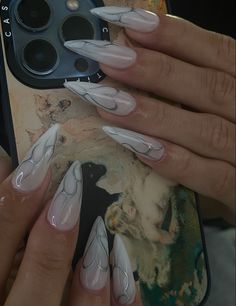 Pearl Nail Inspo Acrylic, Most Wanted Tour Nails, Nail Ideas Stilletos, Silver Abstract Nails, Almond Nails Designs Simple, Stilleto Nails 2024, 2000 Inspired Nails, Nude Stiletto Nail Designs, Stilleto Nail Idea