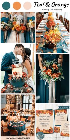 an orange and blue wedding color scheme is featured in the magazine, teal & orange