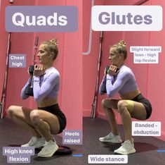 a woman doing squats with the words quadds and glutes above her