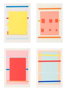 four square paintings with different colors and shapes on them, each one has an orange rectangle