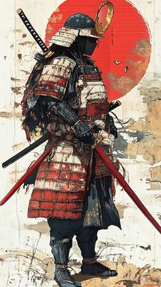 a painting of a man in armor with two swords and a red sun behind him