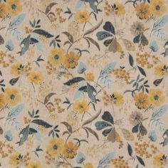 a floral print fabric with yellow and blue flowers on it's side, in an off - white background