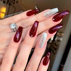 Maroon Nail Art, Burgundy Nail Art, Burgundy Nail Designs, Maroon Nails, Nails Design With Rhinestones, Burgundy Nails, Silver Nails, Nailed It