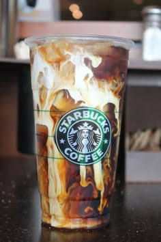 a starbucks coffee cup sitting on top of a counter