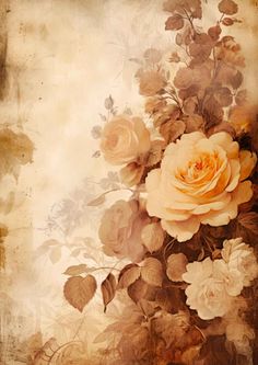 an old fashioned photo with roses and leaves on it's side, in sepia tones