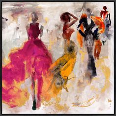 an abstract painting of three women in dresses