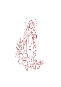 a drawing of the virgin mary with flowers