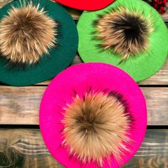 Pink, Green And Blue Wool Beret With Brown Ball One Each Available Wool Beret, Wool Berets, Pom Pom Hat, Blue Wool, Real Fur, Green And Blue, Pink And Green, Pink Ladies, Pom Pom