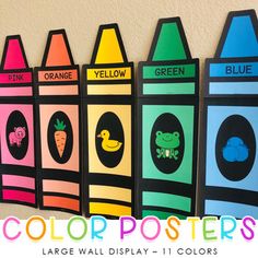 an assortment of colorful crayon posters on a wall with the words, color posters