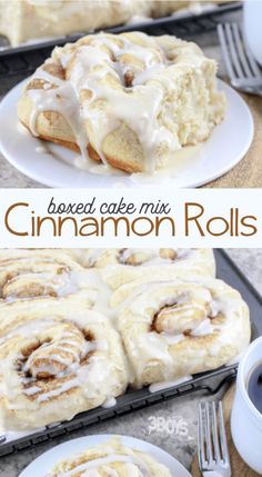 cinnamon rolls with icing sitting on top of a white plate