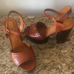 Super Comfy For How Tall They Are. Amazing Condition, Just No Use For Them! Update:: One Centimeter, Clear Oil Spot On The Side Formal Tan High Heels, Elegant Tan Open Toe Heels, Formal Tan Sandals, Formal Tan Sandals With Round Toe, Tan Leather High Heels, Tan Heels With Branded Heel Counter And Closed Toe, Luxury Tan High Heel Shoes, Elegant Tan Closed Toe Heels, Tan Round Toe Heels For Evening