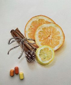 an orange, cinnamon stick, and pine cone are arranged on a white paper background