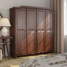 a bedroom scene with focus on the armoire and bed