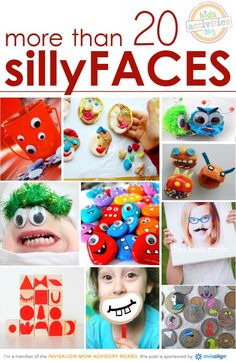 there is a collage of different images with words and faces on them, including letters that say more than 20 sillyfaces