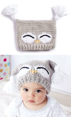 a baby wearing a knitted owl hat