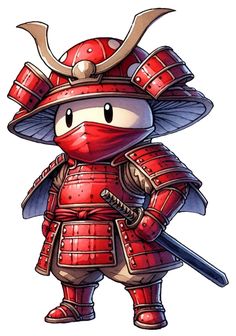 a cartoon character dressed in red armor and holding a samurai's helmet with horns