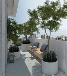 an outdoor seating area with potted plants and trees on the side of a building